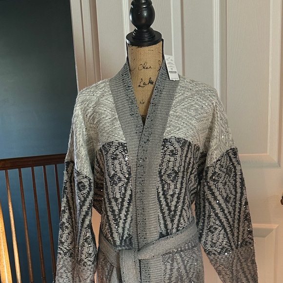 WHITE HOUSE BLACK MARKET❤️GRAY BELTED SEQUIN CARDIGAN SWEATER-Size XL~ NWT - Picture 7 of 8